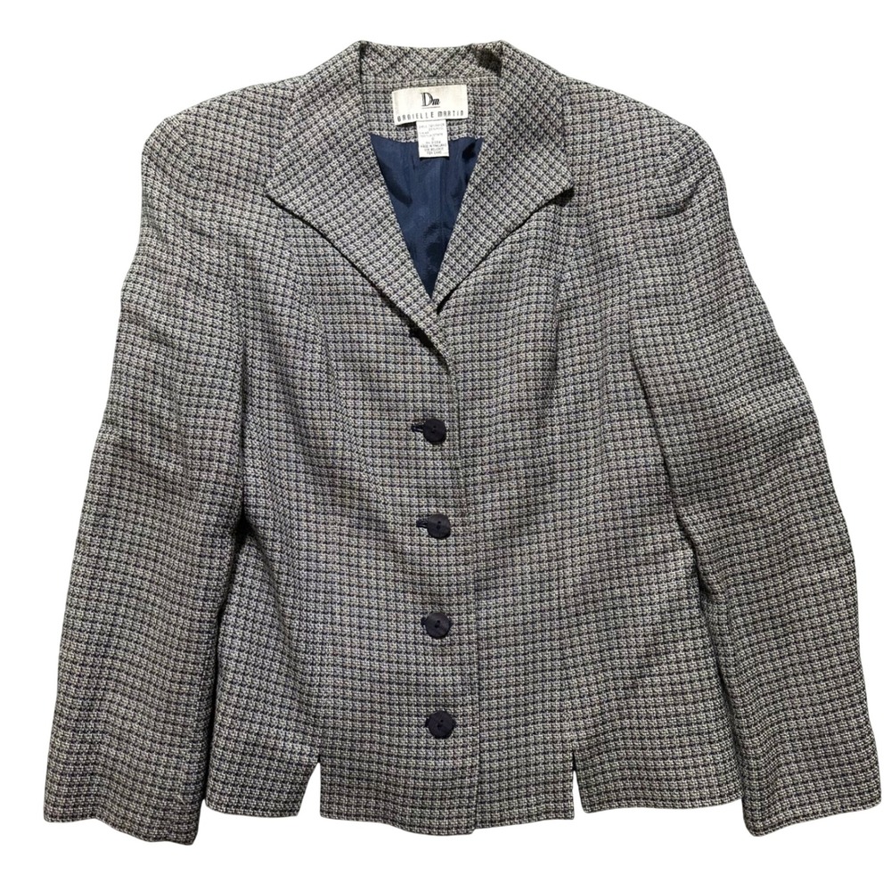 DANIELLE MARTIN Womens Blazer Size 8 Houndstooth Tweed Navy Blue‎ Button Down